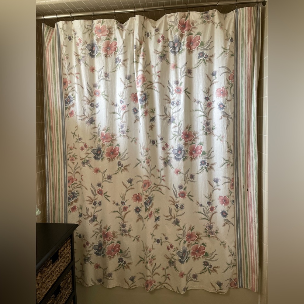 Vintage Custom made shower curtain floral/stripes 5’ wide by 6’ wide